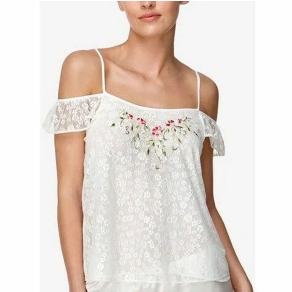 Flora Nikrooz Angela Ivory Lace Floral Embroidered Camisole Cold Shoulder Top
